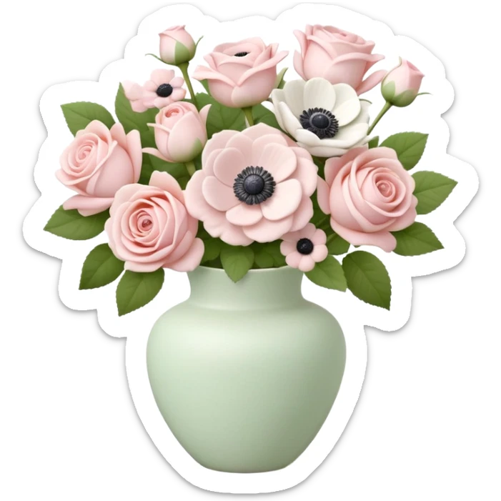 light pink roses and white anemone flowers bouquet in ceramic clay vase, soft sticker