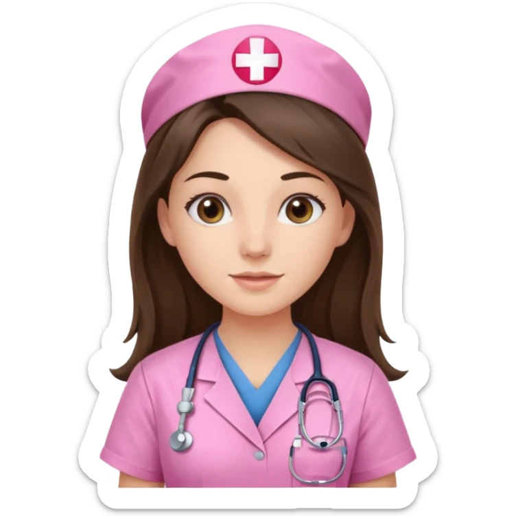 pretty brunette nurse with long hair in pink scrubs sticker