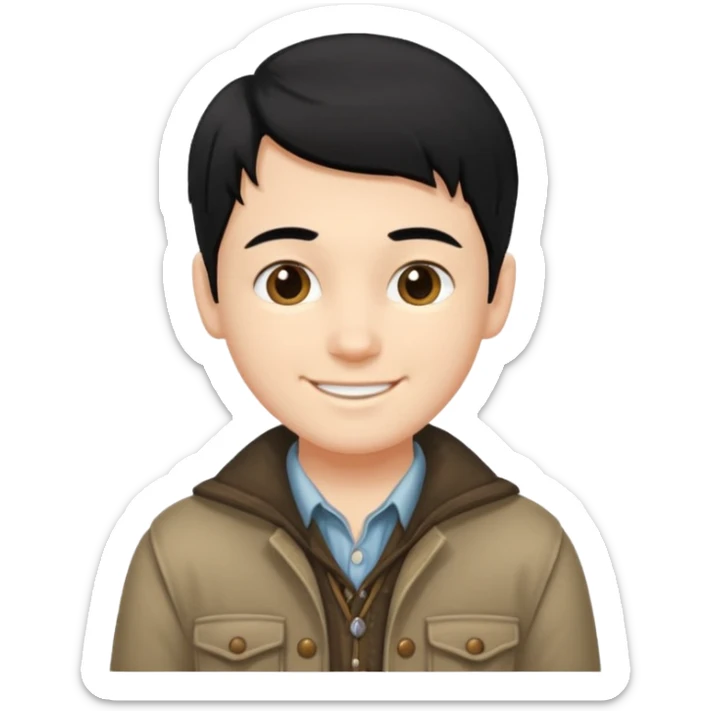 A white boy with black hair, wearing old clothes and a beautiful style sticker