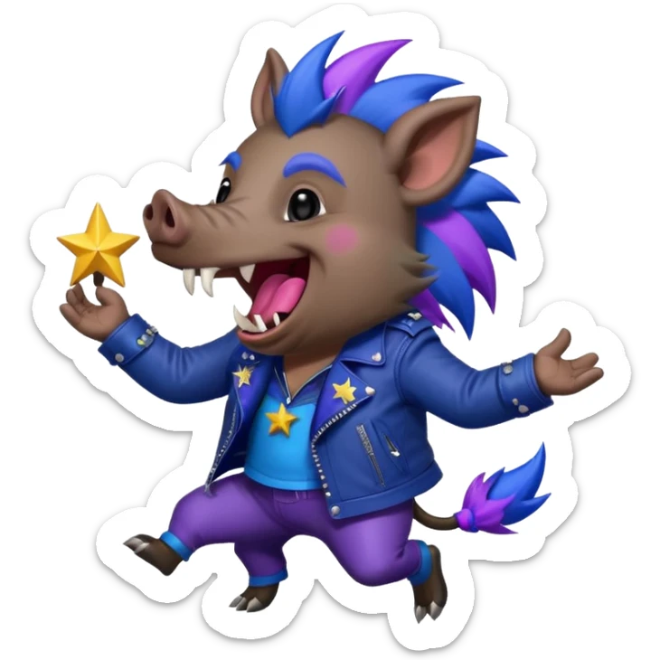 Sticker,A wild boar laughing loudly with a dark blue mohawk with purple and blue hues, wearing a black leather jacket, a wild boar with fangs, but not dangerous,  decorated with stars, ((cheerful, laugh)), surrounded by white outline, on transparent background sticker