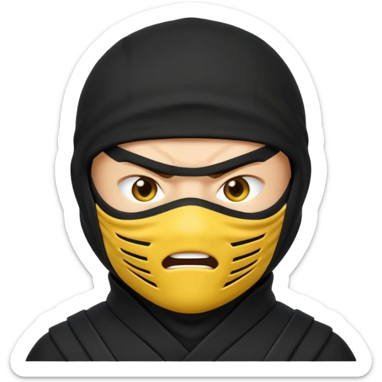 angry ninja face emoji, classic yellow emoji face, mouth fully covered by black ninja uniform, only eyes visible sticker