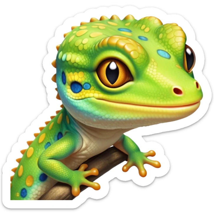 cinematic-cute-realistic gecko-portrait-emoji,-head-tilted-playfully-and-inquisitively,-featuring-a-small,-charming-body-with-smooth,-vividly-patterned-scales,-bright,-sparkling-eyes-and-delicate,-sticky-toe-pads,-simplified-yet-irresistibly-adorable sticker