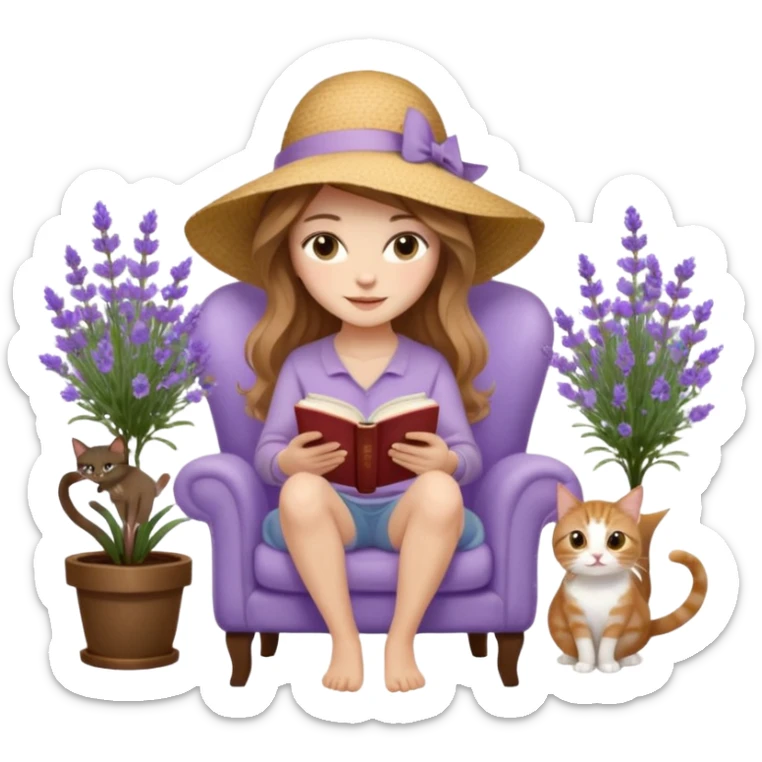 a woman with long light brown wavy hair and light brown eyes reading a book, sitting on a comfortable reading chair, two cats (one black cat and one brown tabby cat) beside her, small table with a cup of coffee, garden setting with lavender flowers around her sticker