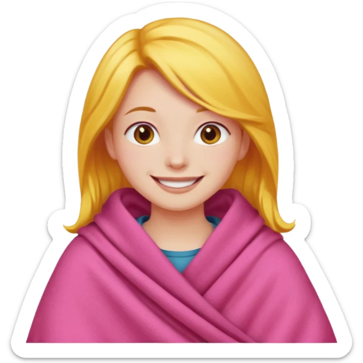 happy smile emoji red cheeks in pink blanket dark yellow hair sticker