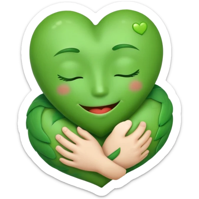green face emoticon with closed eyes hugging a green heart, expressing care and support sticker