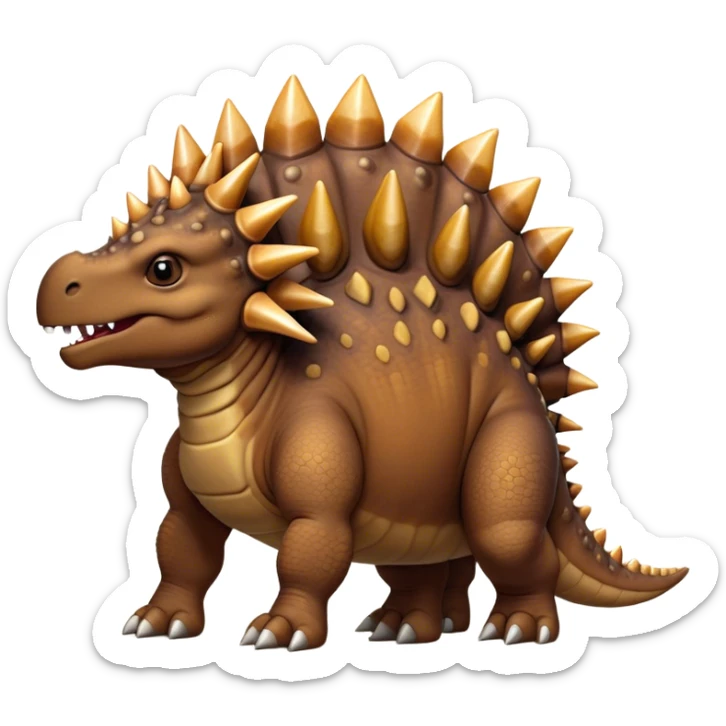 Cinematic Noble Stegosaurus Portrait Emoji, Poised and dignified, with a sturdy, low-slung body adorned by a distinctive row of bony plates along its back and a spiked tail, a small, determined head with observant eyes, Simplified yet sharply defined features, highly detailed, glowing with a soft, earthy radiance, high shine, intelligent and resolute, stylized with an air of ancient armored majesty, focused and alert, soft glowing outline, capturing the essence of a watchful and confident Stegosaurus that appears ready to lumber out of the screen with effortless authority! sticker