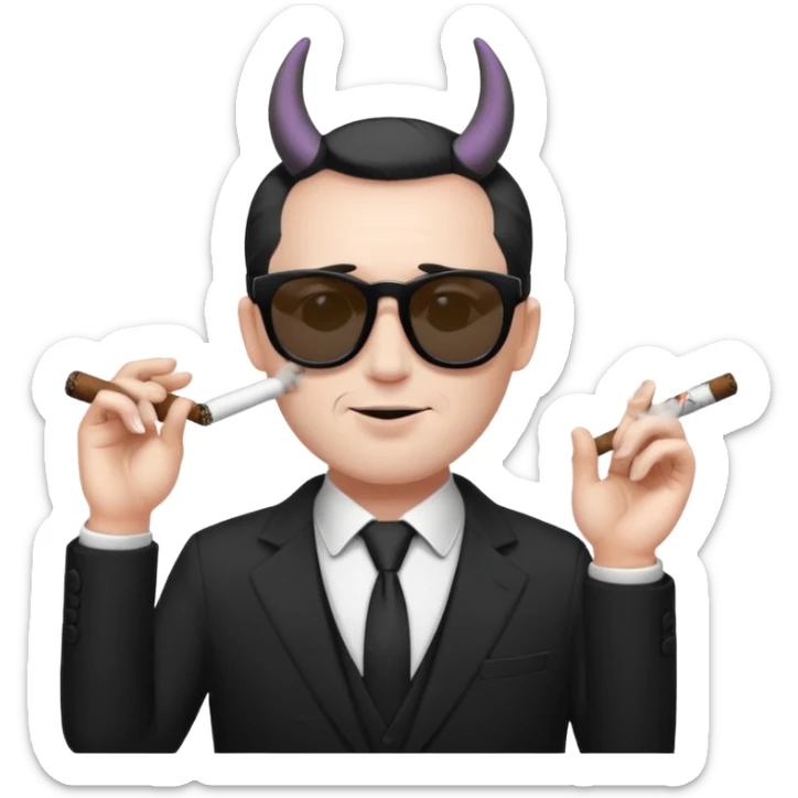 Minimalist emoji-style sticker of a devilish producer in black suit, tiny horns, dark sunglasses, and a smoking cigar, grayscale tones, matte style sticker