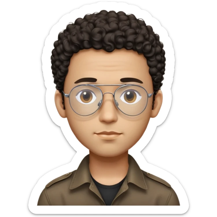 Man with small face and prominent forehead, teardrop-shaped aviator glasses, very minimal dark curly hair on top with completely shaved sides, light brown complexion, gentle expression, black button-up shirt sticker