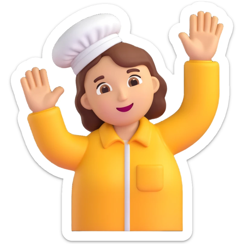 cookie factory worker emoji, waving, with cookies in the background sticker