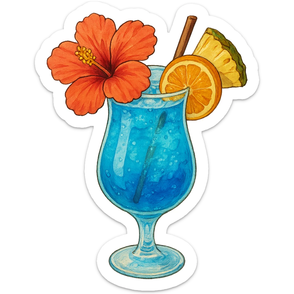 vibrant tropical fruity blue cocktail with hibiscus, pineapple and orange garnishes sticker