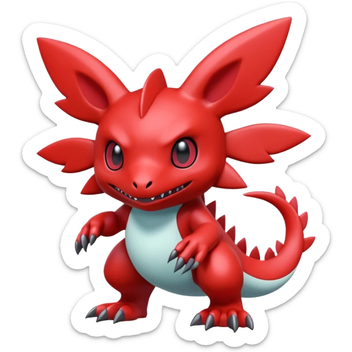 A 3D CGI model of a red-colored edgy kawaii Fakémon-Pokémon-Digimon-creature (full body) sticker