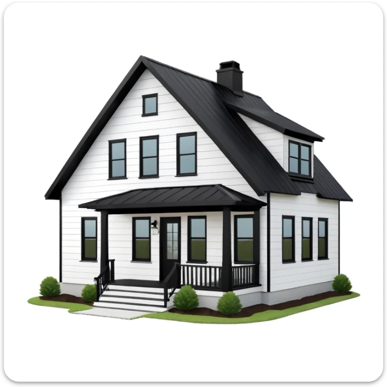 modern farmhouse with white siding, black roof and black trim, exterior view, 3d sticker