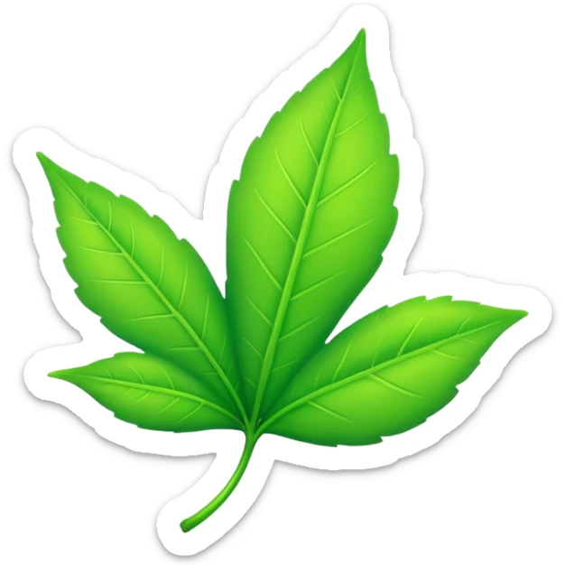 A single neon green leaf emoji, iPhone emoji style, glossy and smooth, cartoonish, vibrant neon green color, high detail, simple and cute design, isolated on white background, centered composition


 sticker