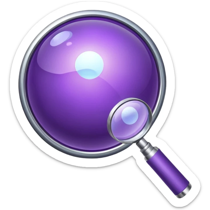Minimal glossy purple icon of a network planet with a magnifying glass. sticker