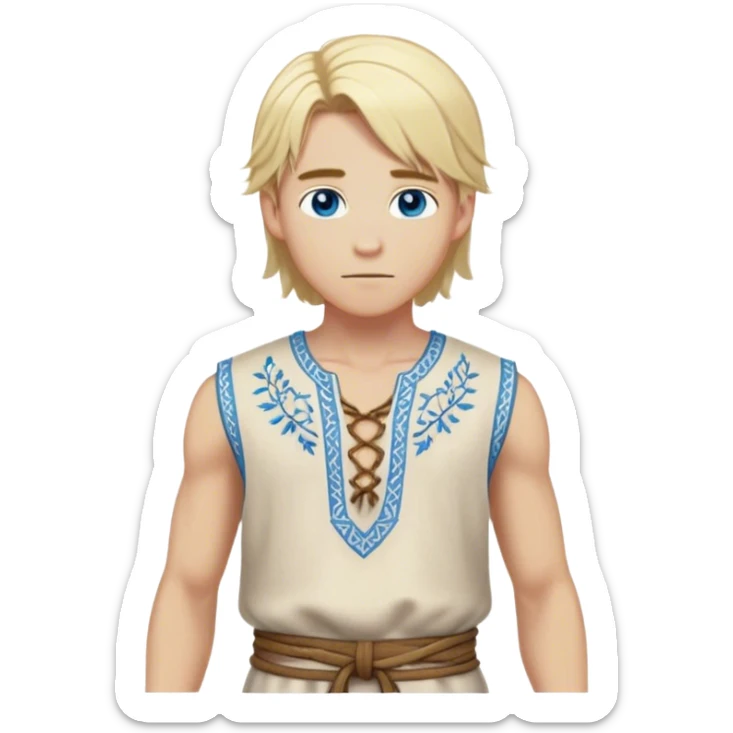 medieval summer outfit worn by a DnD themed fantasy male character. lightweight sleeveless wool tunic with a laced-up front and decorative embroidery. clothes only above the waist. The clothes full waist. The character's haven't arms. character is white-skinned, blonde hair, blue eyes, medium-length straight hair. sticker