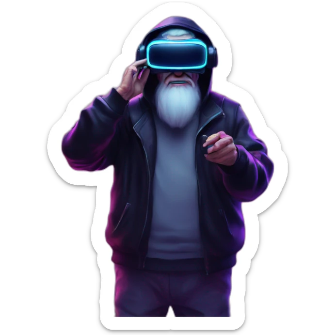 Russian old man wearing a black hoodie with "OMG" letters on it and VR headset in a cyberpunk VR environment with violet neon lighting. sticker