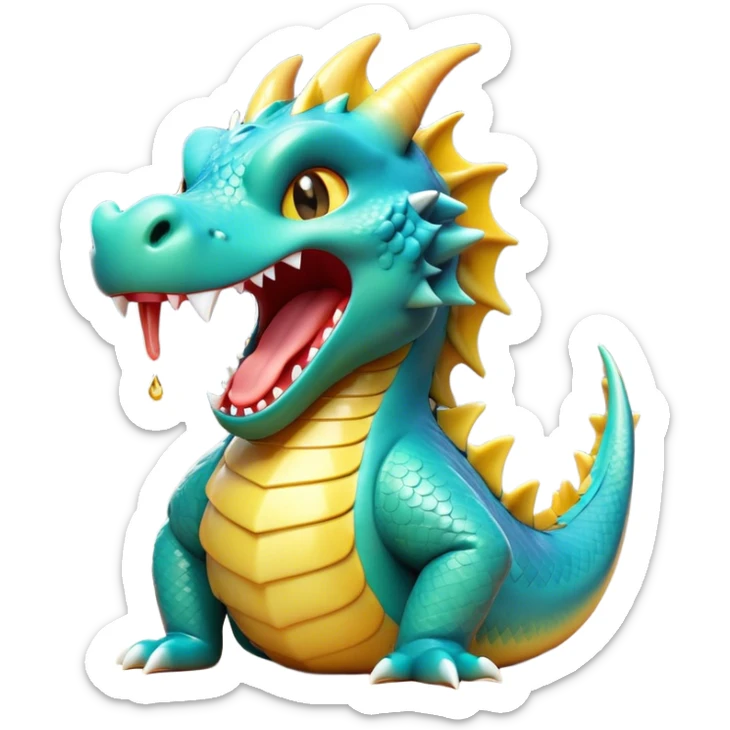 Cinematic Cute Yawning Dragon Portrait Emoji, Head tilted slightly with a dramatic, wide-open yawn, showcasing a soft, lustrous scaled body with gently drooping fins and half-closed, drowsy eyes, each scale rendered in exquisite detail under natural light; high shine, relaxed yet expressive, styled with a dash of fantastical charm, soft glowing outline, capturing the essence of a sleepy yet affectionate dragon that appears ready to stretch out and rest in its enchanted lair! sticker