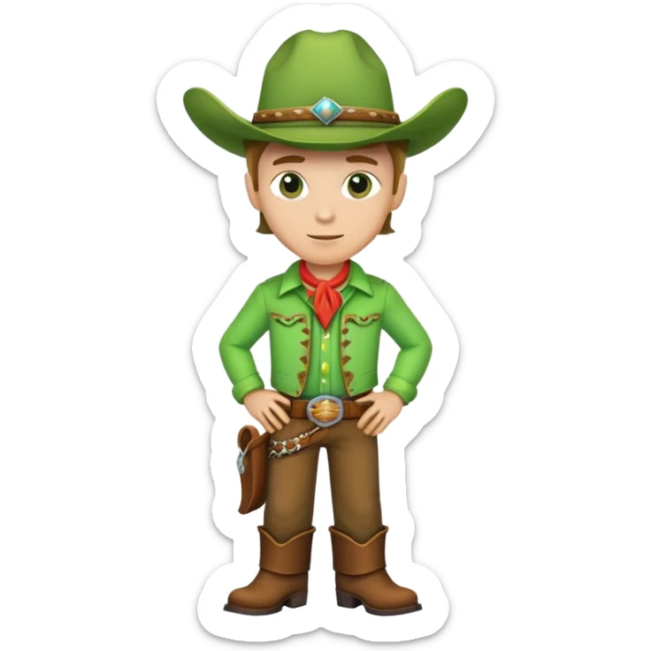 Cowboy wearing a bright green outfit and green cowboy hat, western style sticker