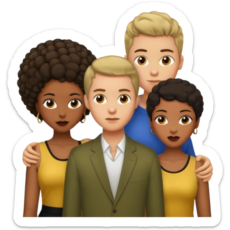Olive skinnedAmerican man with short brown hairwith two black african women both are African one is light skin black and one is medium tone black with african hair styles sticker