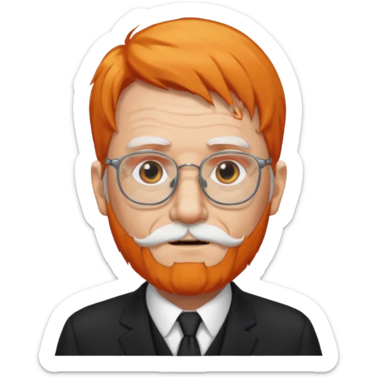 old man, orange hair, white beard, wearing glasses, long face, wearing a black suit sticker