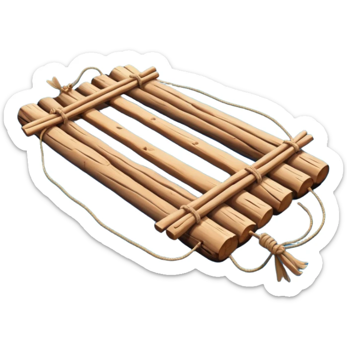 showing a simple wooden raft floating on calm blue water — made of several brown logs tied together with rope — gentle ripples around it — bright, cheerful lighting and soft shadows — minimalist, clean emoji design sticker