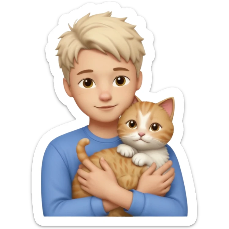 "Apple Memoji style 3D character, a young man person gently petting and hugging a cute fluffy cat, peaceful and happy facial expressions, soft studio lighting, clean 3D clay render, vibrant colors, minimalist aesthetic, high detail, high resolution, isolated on a plain white background." sticker