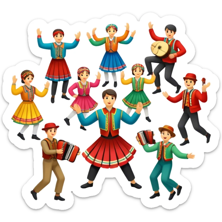 Humanless Icon for Folk Dance: traditional dance shoes, colorful folk costumes, and a dance circle with ribbons and musical instruments like a tambourine or accordion. The icon should represent the vibrant and cultural aspects of folk dancing. Transparent background. sticker