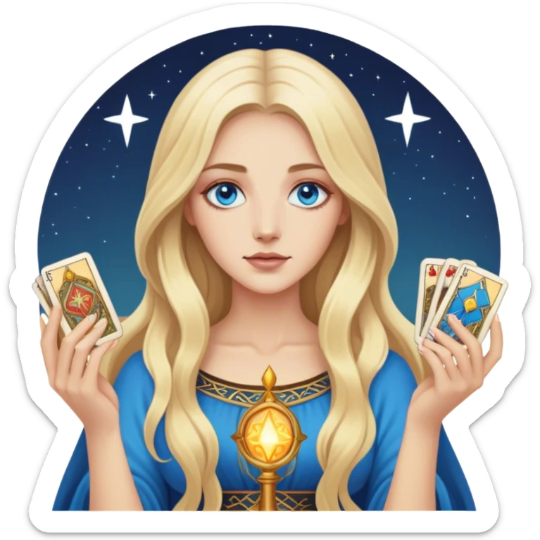 Realistic modern blonde with long hair and blue eyes holds tarot cards in her hands sticker