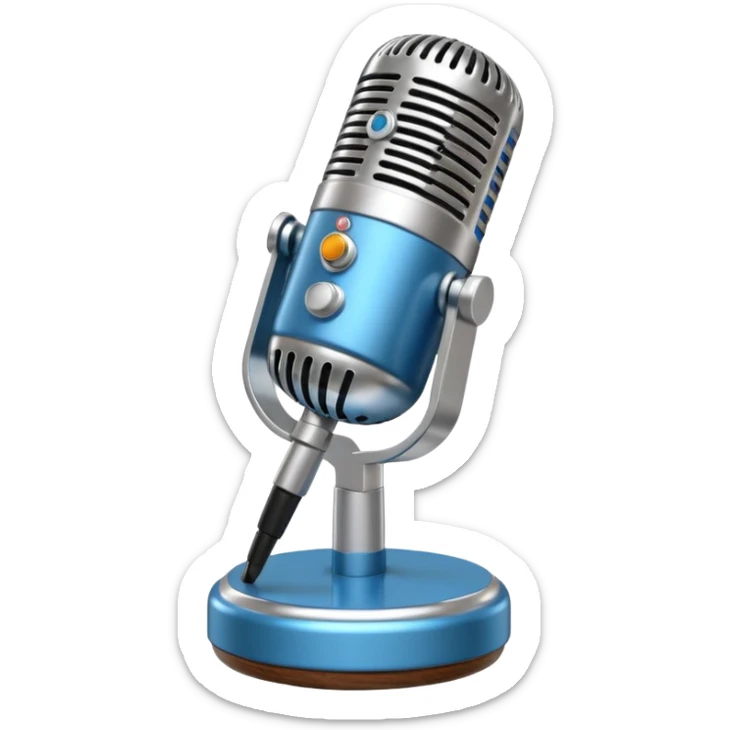 3D render of Elvis Microphone, vintage 1980s audio equipment aesthetic, tactile analog buttons, shiny silver metal grille with a blue handle, mixed wood grain and brushed aluminum textures, Apple emoji style, isolated on white background --v 6.0 sticker