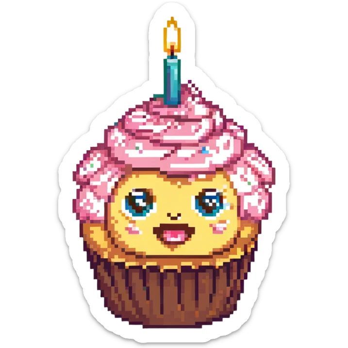 A cupcake with pink frosting, big eyes, two teeth, and a lit candle on top sticker