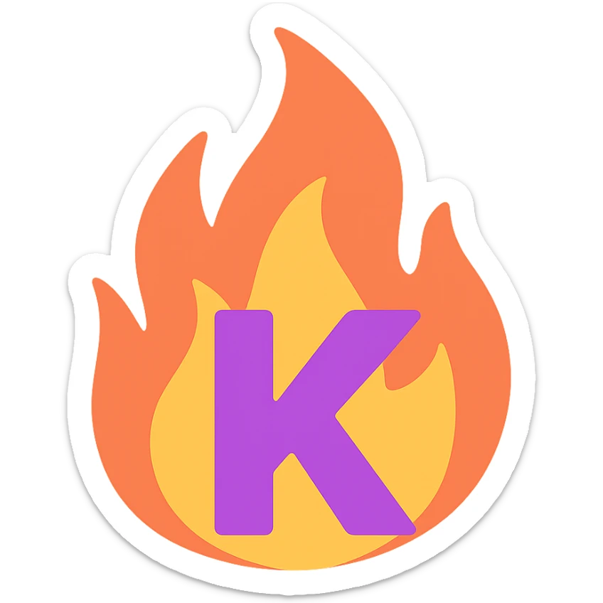 vibrant letter 'K' in color surrounded by stylized fire exaggerated to look dramatic and expressive sticker