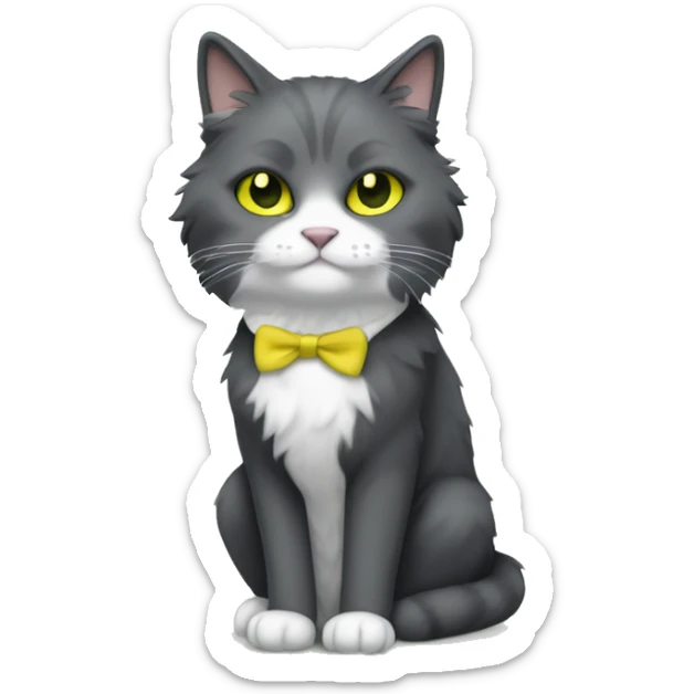 full body fluffy cat dark grey and white tuxedo pattern fur with greenish yellow eyes sticker