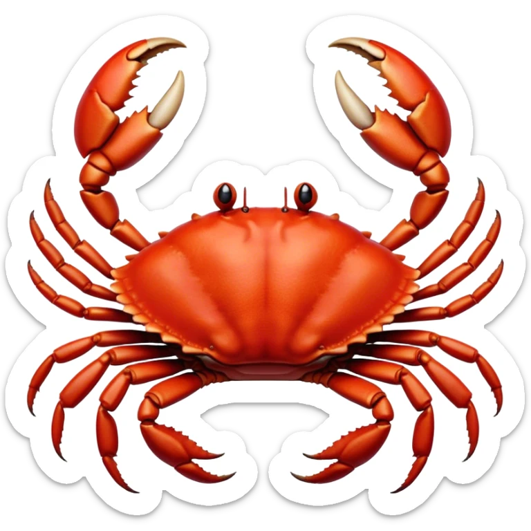 Cinematic Realistic Noble Crab Portrait Emoji, Poised and commanding, with a robust, angular build and a vividly red, textured exoskeleton naturally forming a distinctive face with expressive eyes, rendered in lifelike detail with realistic sandy accents, high shine, intelligent and resolute, styled with an air of coastal authority, focused and attentive, soft glowing outline, capturing the essence of a watchful and confident crab that appears ready to scuttle out of the screen with effortless power! sticker