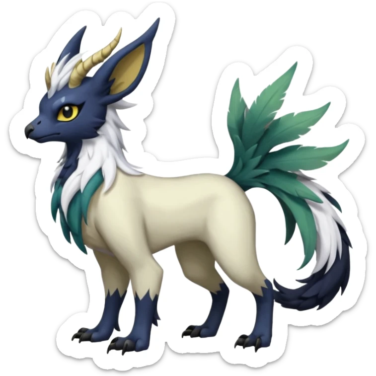 Dark-deep-colored gryphon-Trico-Nargacuga-Absol-Leafeon-Sprigatito-Silvally-fusion-hybrid with a long tufted tail, black beak, black claws, black tail, majestic, realistic, furry (full body) sticker