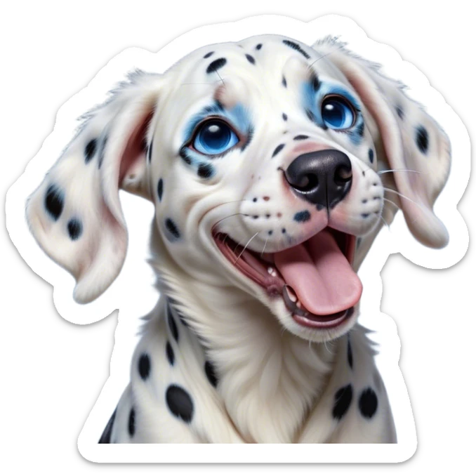Cinematic Cute Yawning Spotted Dalmatian Portrait Emoji, Head tilted slightly with a dramatic, wide-open yawn, showcasing a smooth Fur of predominantly white with bold black patches, floppy ears slightly drooping, round blue eyes barely open in drowsy contentment, Simplified yet irresistibly adorable features, highly detailed, glowing with a soft, cozy glow, high shine, relaxed yet expressive, stylized with a touch of whimsy, bright and endearing, soft glowing outline, capturing the essence of a sleepy yet affectionate guardian, so drowsy it feels like it could stretch out of the screen and curl up for a nap! sticker