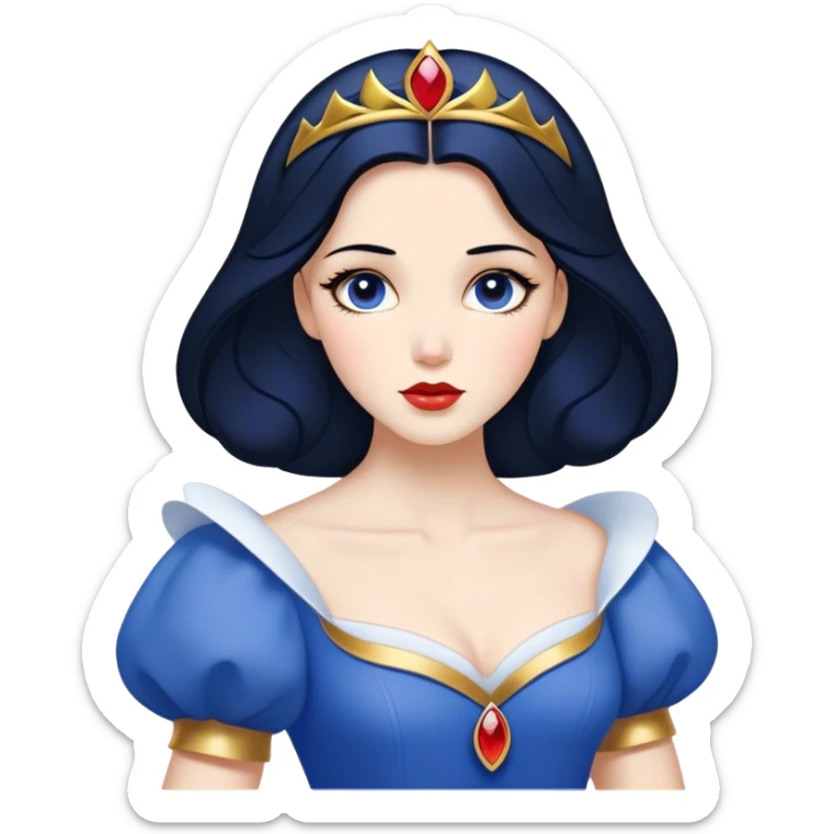 Cinematic Timeless Snow White Portrait Emoji, rendered in a clean, vector style. Depict Snow White with flawless porcelain skin, elegantly styled raven hair, and a serene, graceful expression, dressed in her classic blue and gold ensemble. The design features bold, simplified shapes, a soft, enchanting glow, and a subtle glowing outline, epitomizing pure, timeless beauty. sticker