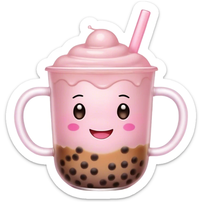 Cute Kawaii Boba Tea Cup, with a happy smiling face, chubby round shape, pastel pink and brown colors, soft glowing highlights, adorable tapioca pearls floating inside, sparkling eyes full of joy! sticker