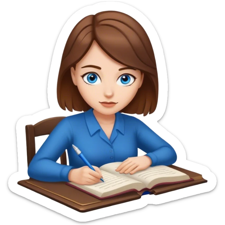 escritora mulher, romantica, de cabelos castanhos, pele clara e olhos azuis escrevendo um livro  sticker