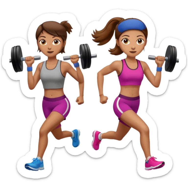 two women, one running and one lifting weights. brown hair, olive skin, hazel eyes. sticker