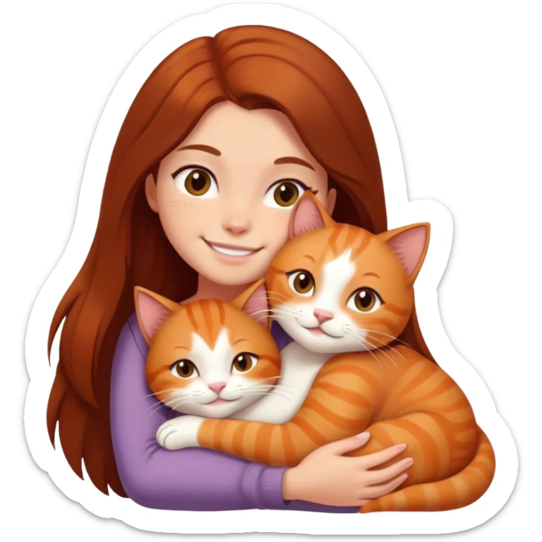 smiling girl with long dark brown hair cuddling a ginger cat with white paws  sticker