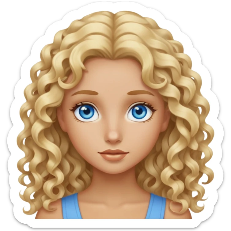 Blue eyes, long blonder curly hair, tan skin, girl sticker