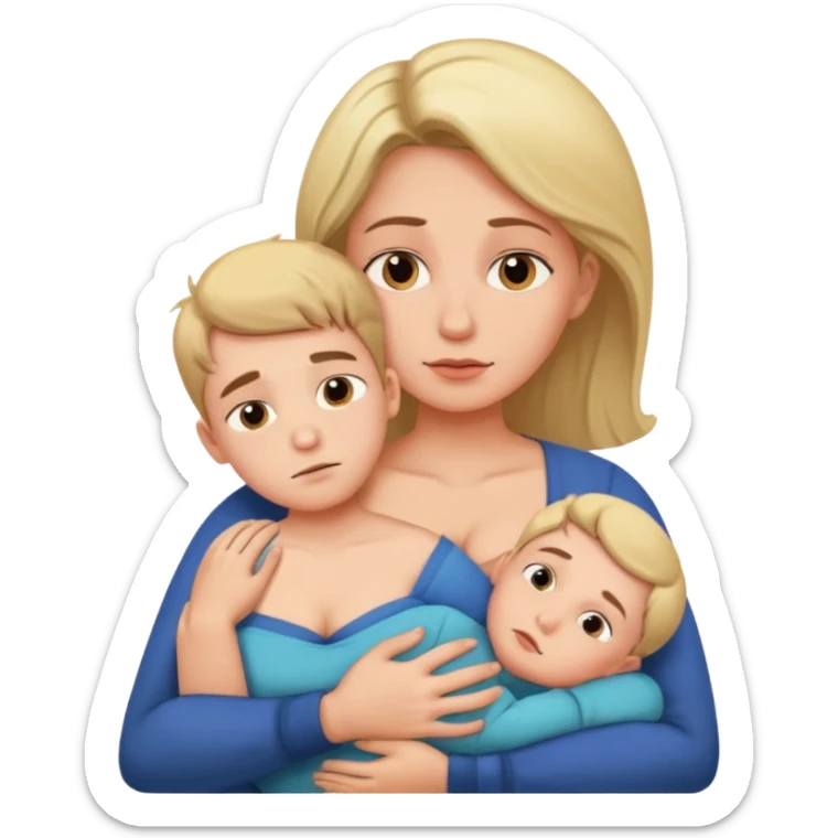 A boy rests his face against his mother's chest.  His mother has large breasts. sticker
