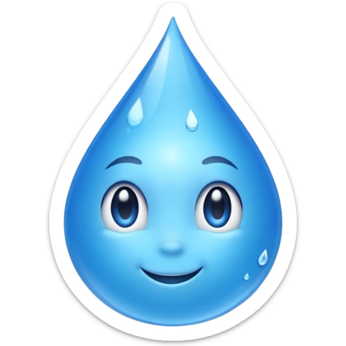 Emoji of a water droplet with a fresh, good-tasting feeling, clean and shiny, subtle sparkles or freshness lines, friendly and positive look. Simple emoji style, smooth shapes, bright blue color, transparent background. Suitable for messaging apps| sticker