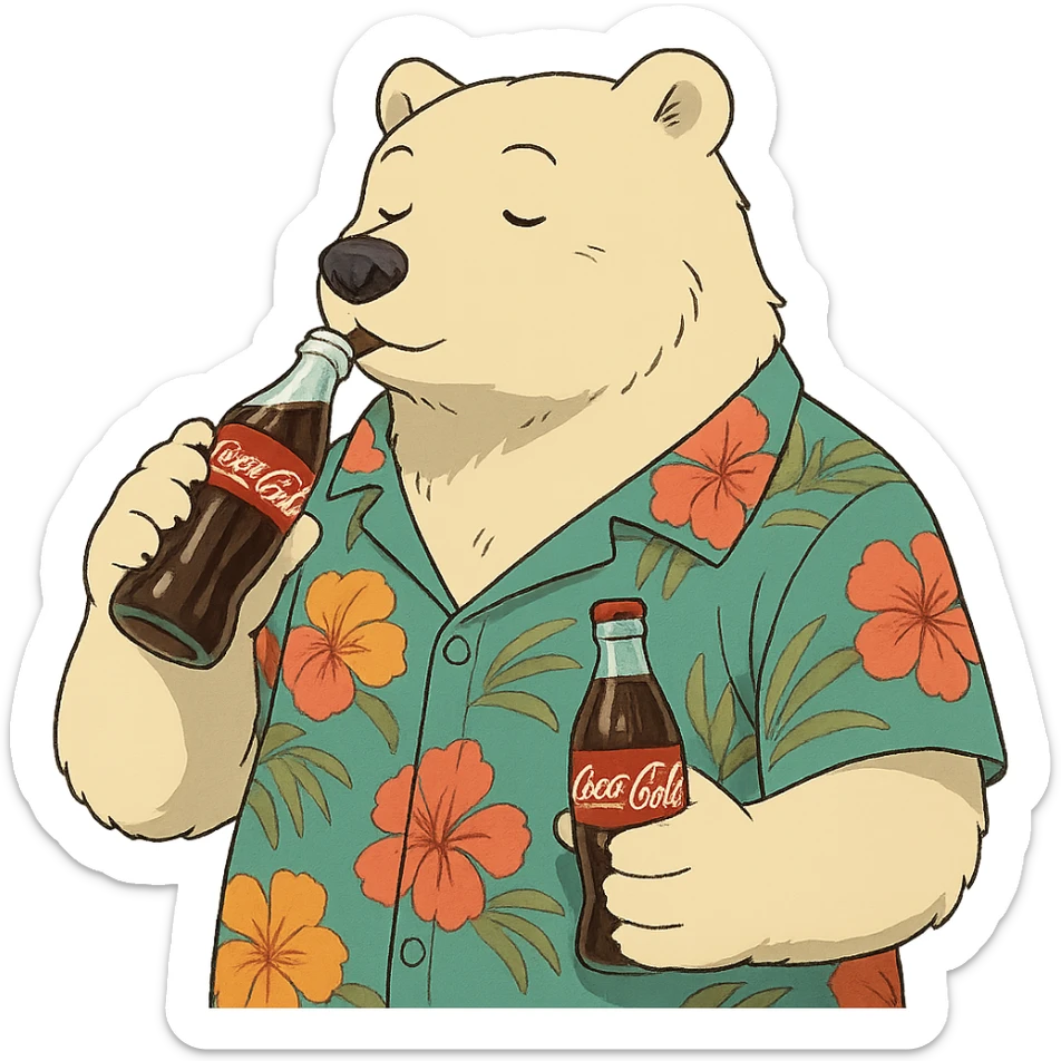 ghibli style polar bear in a Hawaiian shirt with Coke bottles, drinking Coca-Cola sticker