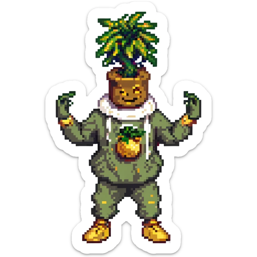 pixel art mandrake funkeiro, dancing pose, urban streetwear, gold accessories, confident attitude sticker