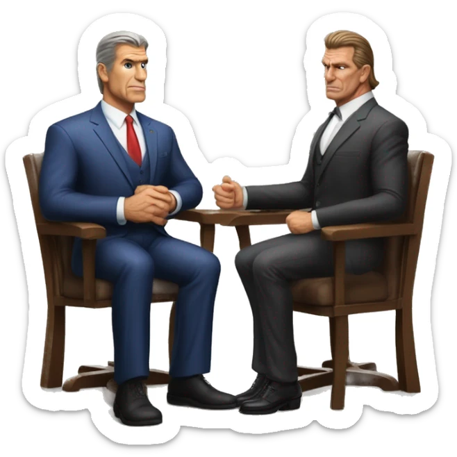 A rich father-like figure similar think Vince McMahon facing off against the framed widow Karen Read sticker