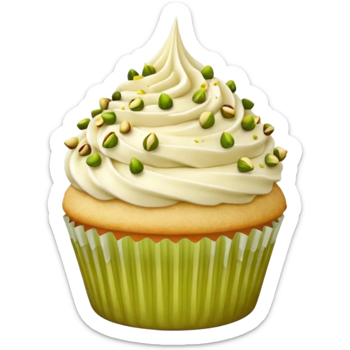 Vanilla cupcake with vanilla frosting with crushed up pistachios on top and a honey drizzle sticker
