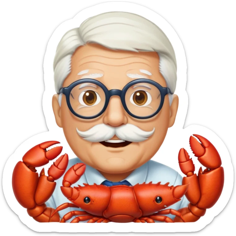 senior lobster with white hair and glasses, elderly lobster character with white eyebrows and whiskers, wearing round glasses sticker