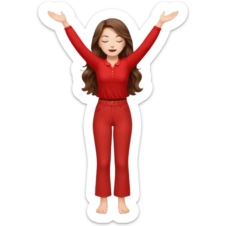crie uma menina branca com cabelos castanhos longos ondulados, uma roupa de calça e blusa de manga curta na cor vermelho, com braços juntos para cima, olhos fechados e perna levantada. a manga é curta mostra os braços sticker