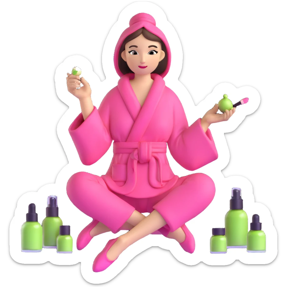 girly girl in pink robe sitting with makeup, perfume, and matcha sticker